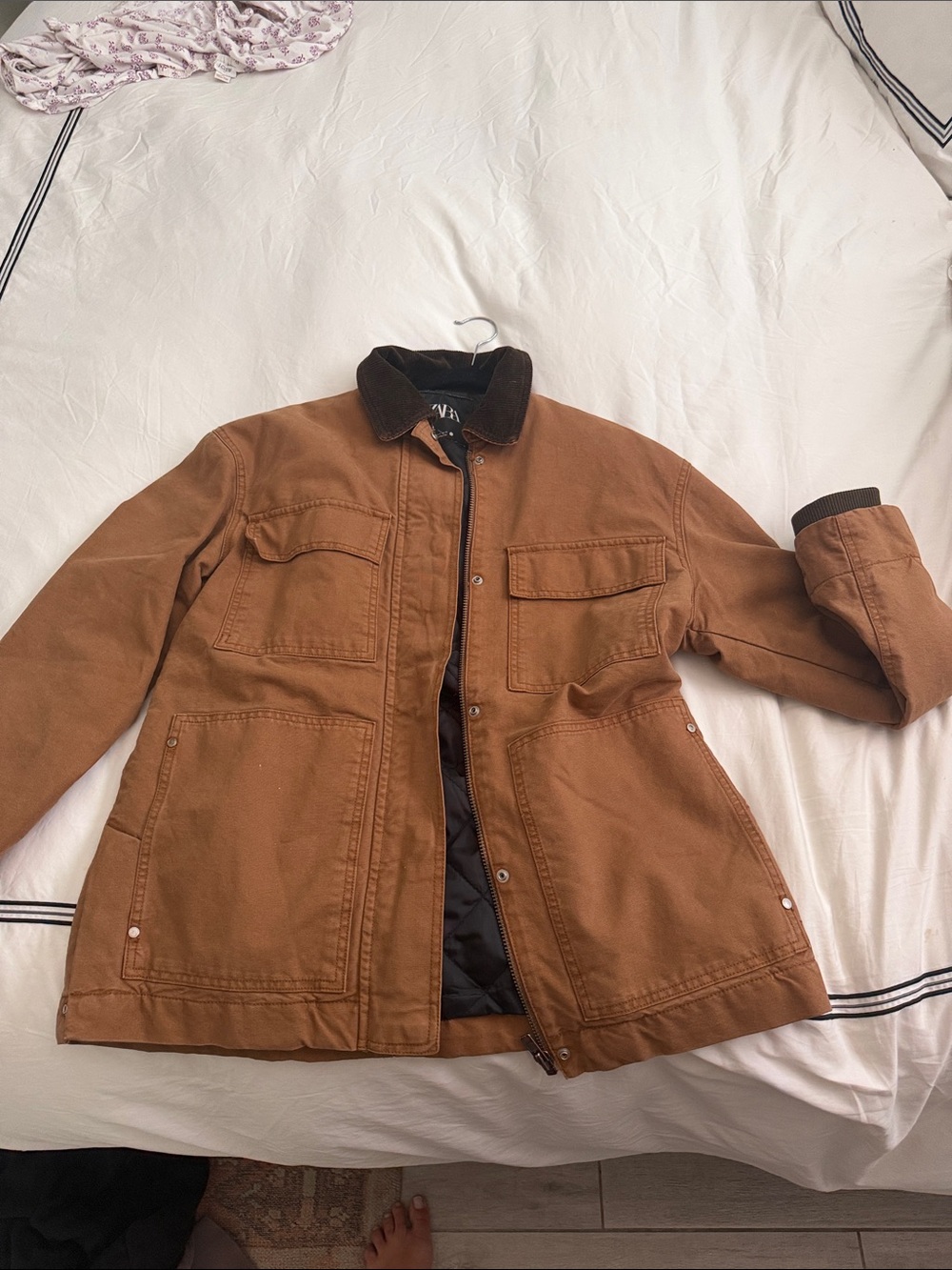 Zara Men's Tan Canvas Field Jacket with Dark Corduroy Collar